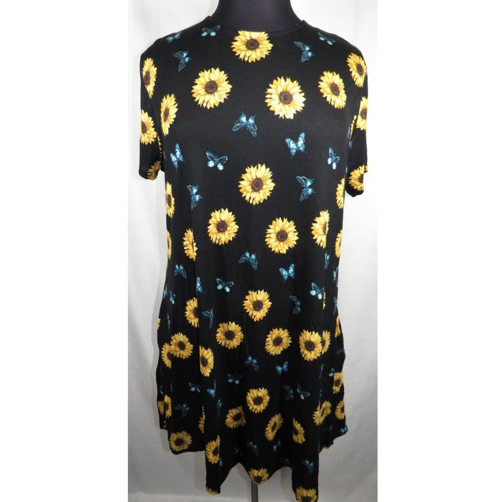 Riley James Sunflower Butterfly Print Short Sleeve Dress, Pockets, Plus Size 3X